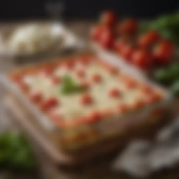 Fresh ingredients arranged for making ricotta lasagna, including tomatoes and basil