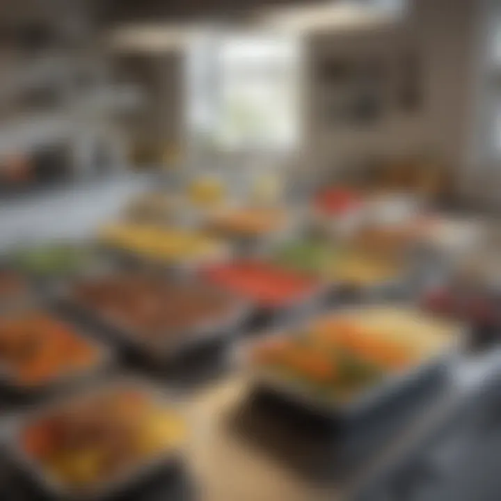 An organized meal prep station with neatly arranged containers of various dishes.