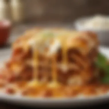 Melted Cheese Topping Close-Up A close-up of a melted cheese topping on lasagna