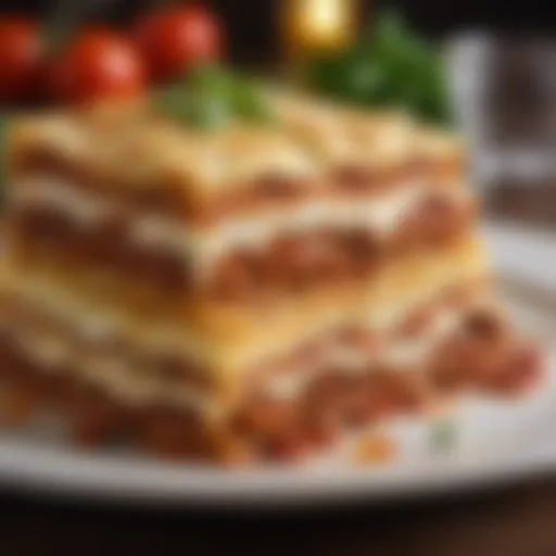 Layered lasagna showcasing rich textures and colors