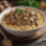 A rich and creamy beef stroganoff dish garnished with fresh parsley