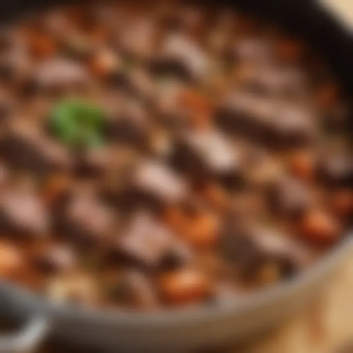 A close-up of tender beef stew meat simmering in a flavorful sauce