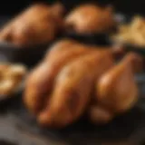 Air fryer with chicken inside, showcasing browning