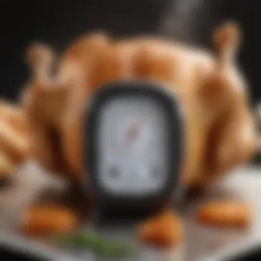 Thermometer checking the internal temperature of chicken