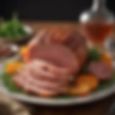 An elegant plate of sliced smoked ham served with garnishes