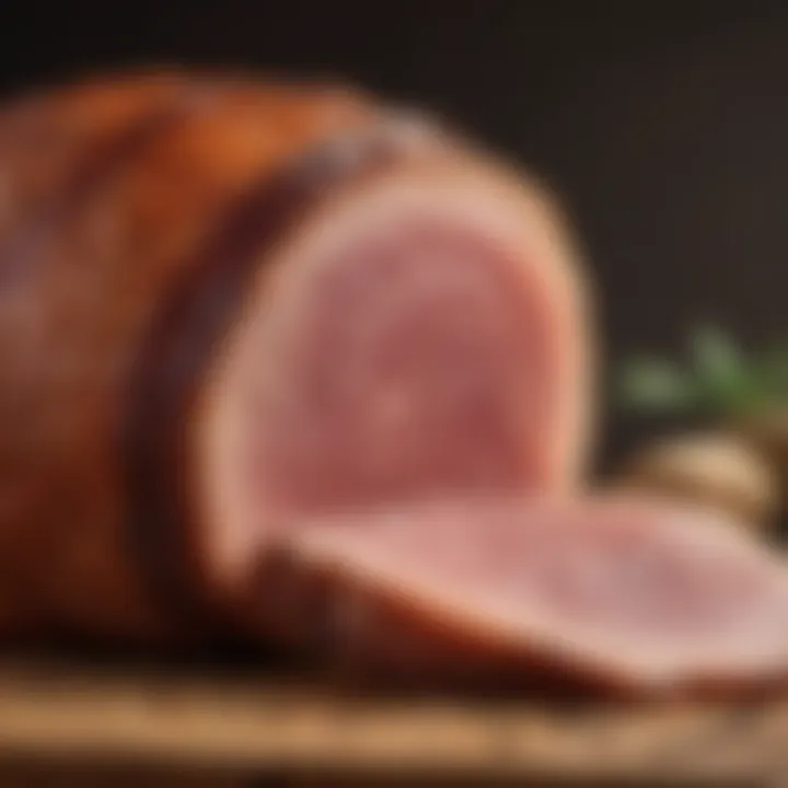 A close-up view of a tender piece of smoked ham showcasing its texture