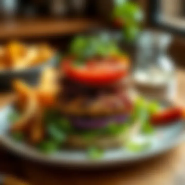 Garnished veggie burger on a plate with sides