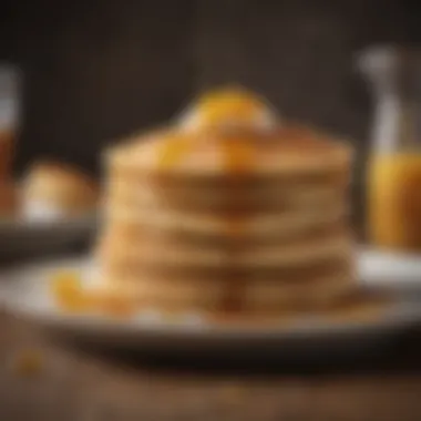 Golden-brown pancakes stacked with syrup