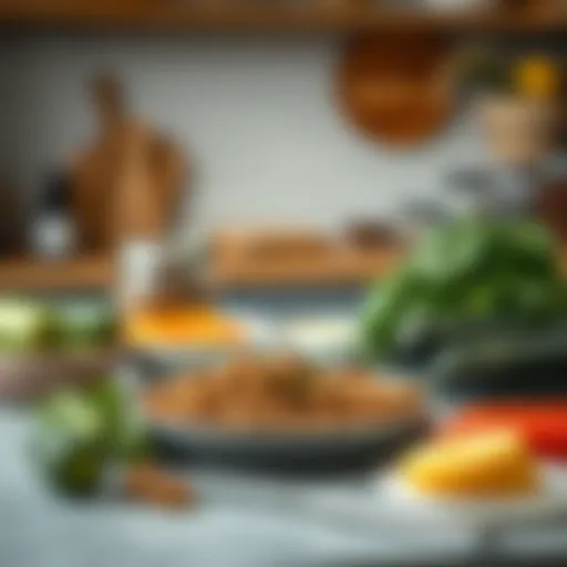 Homemade dog food ingredients laid out on a kitchen counter