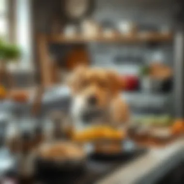 A kitchen setup with various food preparation tools and ingredients