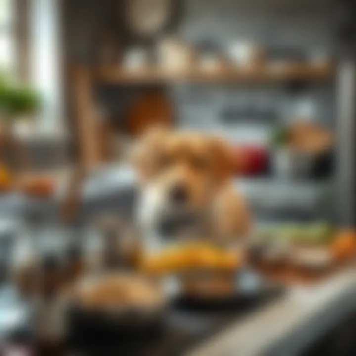 A kitchen setup with various food preparation tools and ingredients