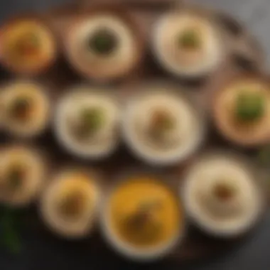 Hummus Flavor Variations Variety of hummus flavors arranged on a platter