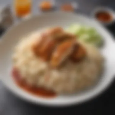 A beautifully plated dish of rice accompanied by chicken and sauce