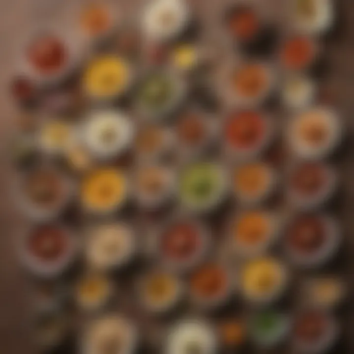 A collection of various sauces displayed in small bowls