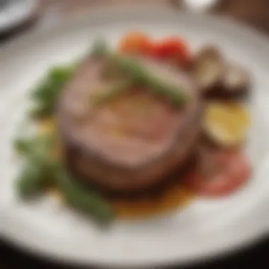 A beautifully plated steak dish garnished with herbs and sides