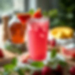 A vibrant pink drink garnished with fresh fruit and herbs