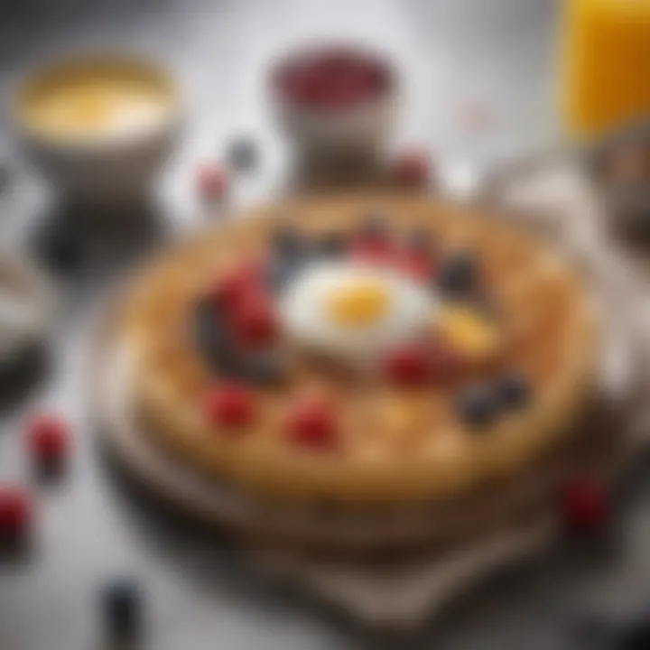 An assortment of fresh ingredients including eggs, flour, and berries laid out on a countertop