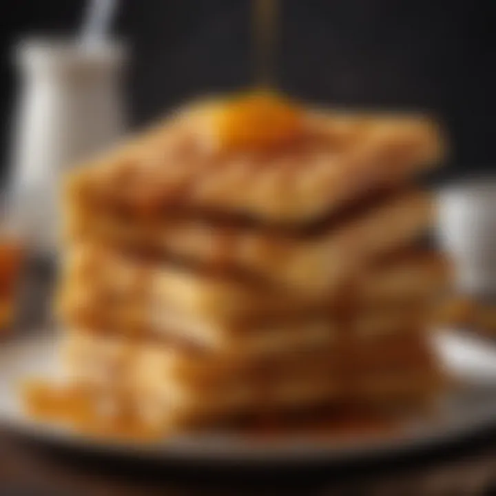 A close-up of golden waffles stacked on a plate, drizzled with syrup