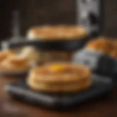 A waffle maker with steaming waffles inside, showcasing a crispy exterior