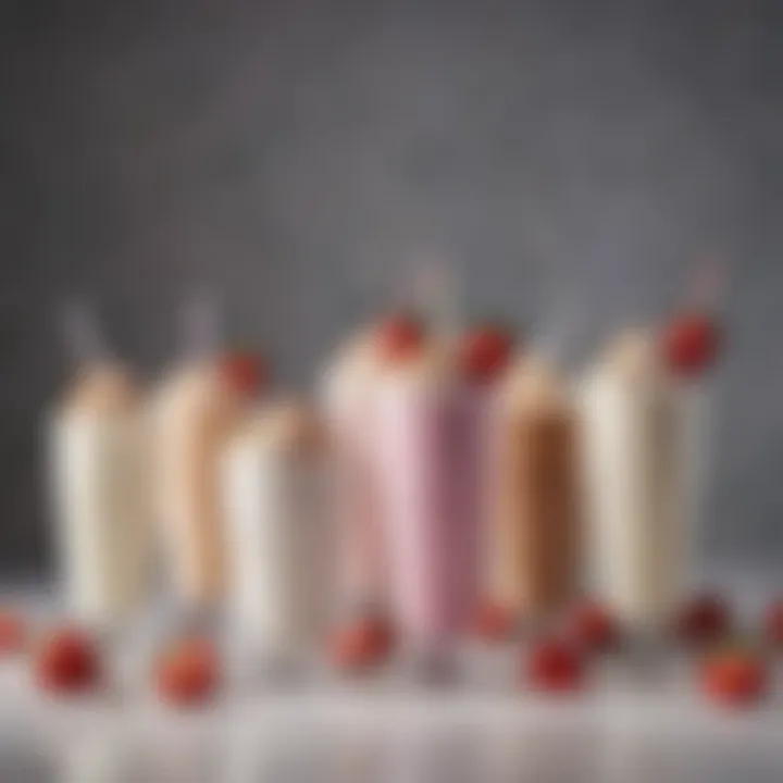 An assortment of unique milkshake flavors displayed in elegant glasses