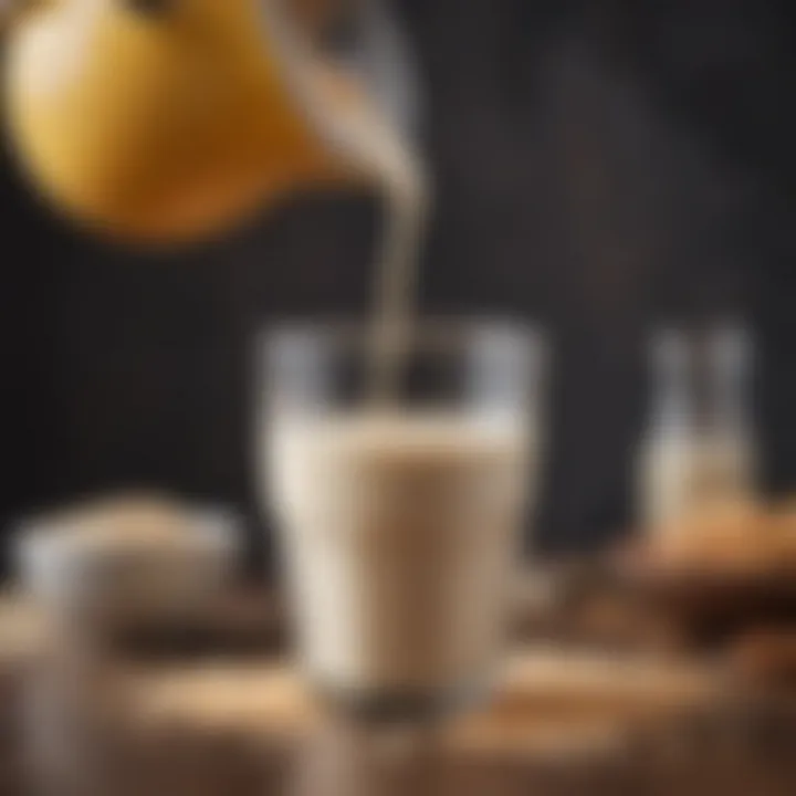 Close-up of creamy oat milk being poured into a blender.