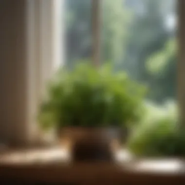Close-up of fresh basil and thyme with sunlight streaming in