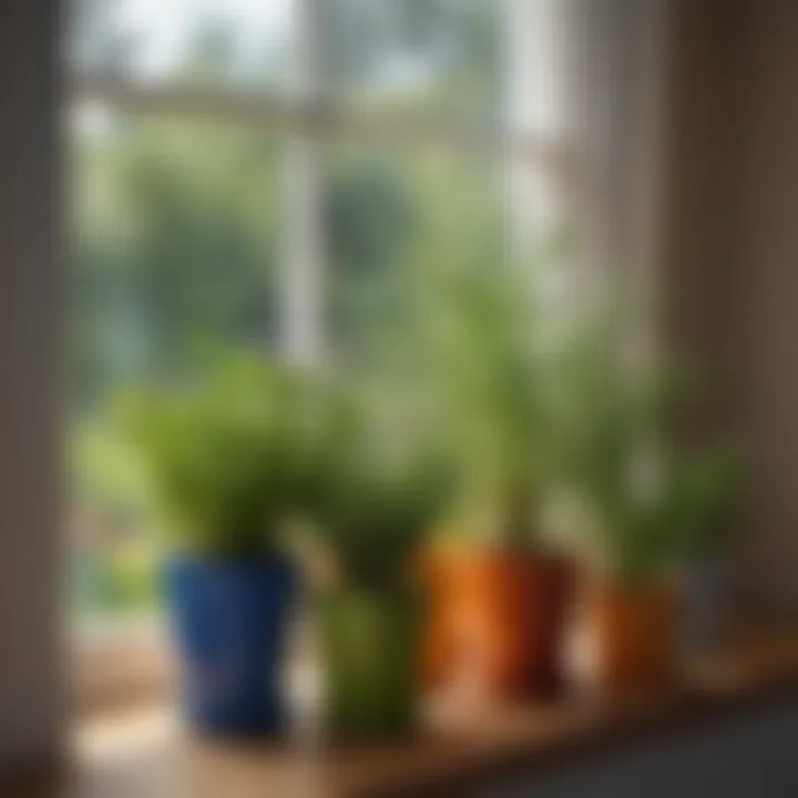 A vibrant array of herbs in colorful pots by the window