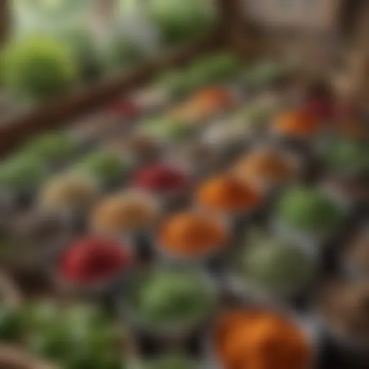 A neatly organized spice garden with labels for each herb