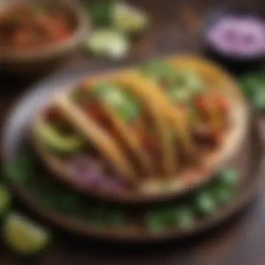 Spicy Beef Tacos with Fresh Garnishes A vibrant bowl of spicy beef tacos garnished with fresh herbs and lime