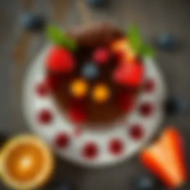An overhead view of a decadent chocolate cake garnished with vibrant fruits and sauces