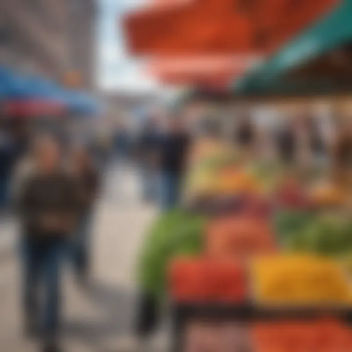 Colorful market scene in Denver, bustling with local food vendors and fresh produce.