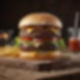 A gourmet hamburger dish artfully presented on a rustic wooden table