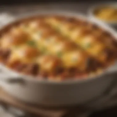 A hearty hamburger casserole bubbling in a ceramic dish