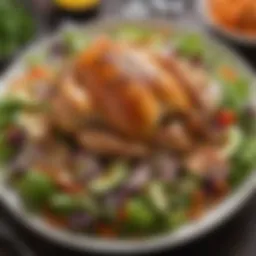 A colorful salad topped with shredded rotisserie chicken and fresh vegetables.