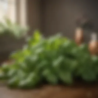 Close-up of fresh basil leaves thriving in a well-lit indoor environment