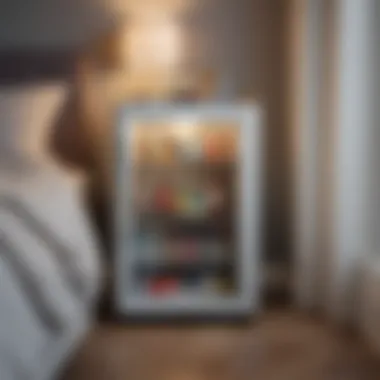 A stylish mini fridge in a cozy bedroom setting