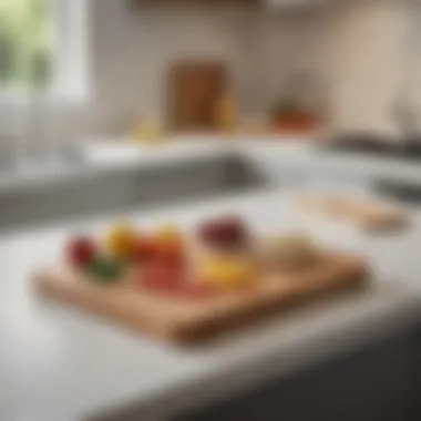 A modern kitchen featuring a cutting board with an integrated food prep tray