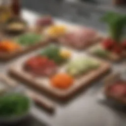 A well-organized cutting board with a food prep tray showcasing fresh ingredients