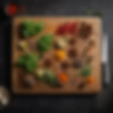 Stylish Cutting Board with Herbs and Spices A stylish cutting board displaying a variety of herbs and spices for culinary use