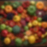 A vibrant assortment of fresh fruits and vegetables on a wooden table
