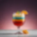 A vibrant glass of Deleon drink showcasing its colorful layers and garnishes