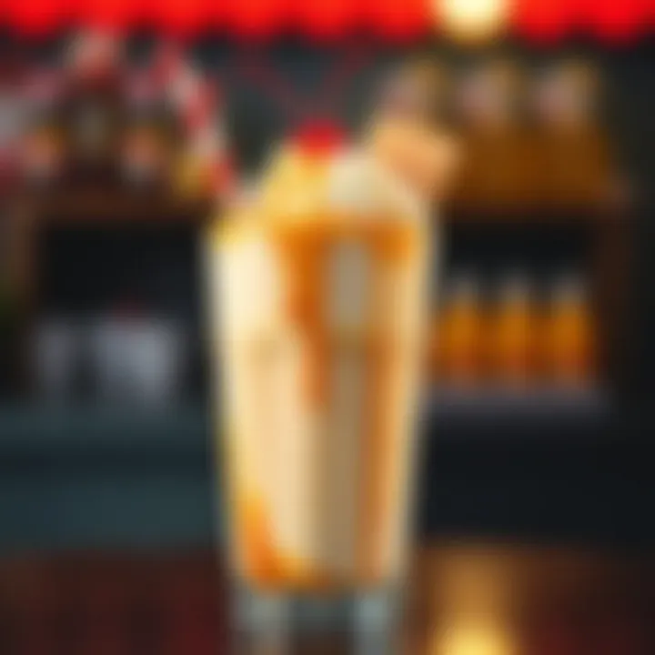A creamy vanilla milkshake with a swirl of caramel and a cherry on top.