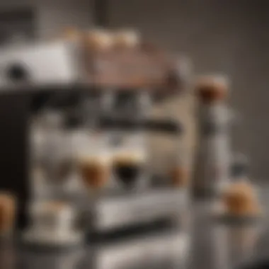 A beautifully arranged coffee setup highlighting the espresso machine with artistic coffee cups