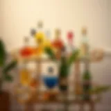 Stylish bar cart displaying an array of spirits and glassware