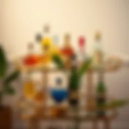 Stylish bar cart displaying an array of spirits and glassware