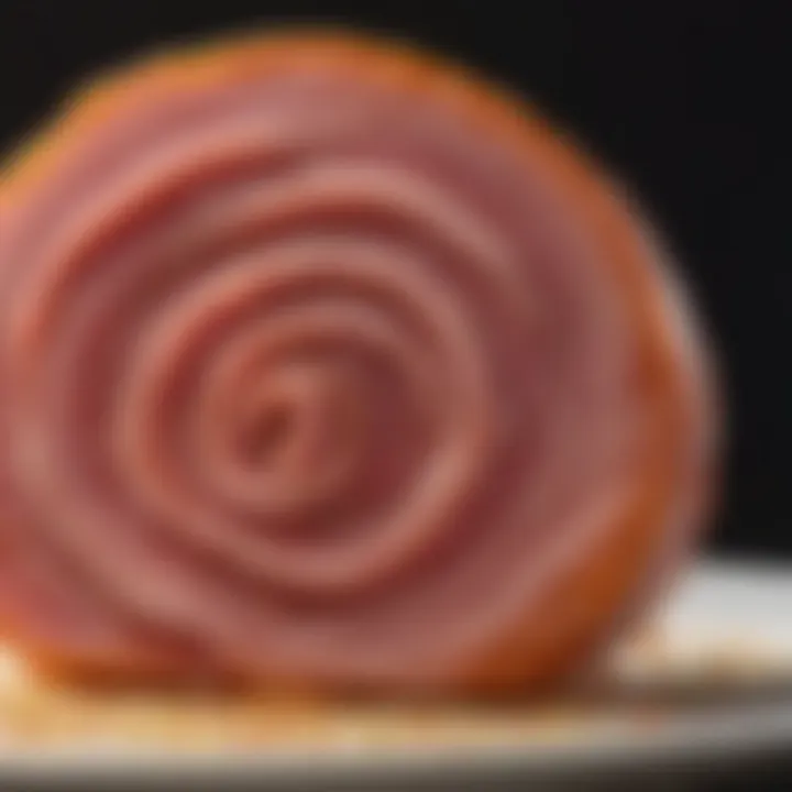 Close-up of juicy spiral ham slice with glaze