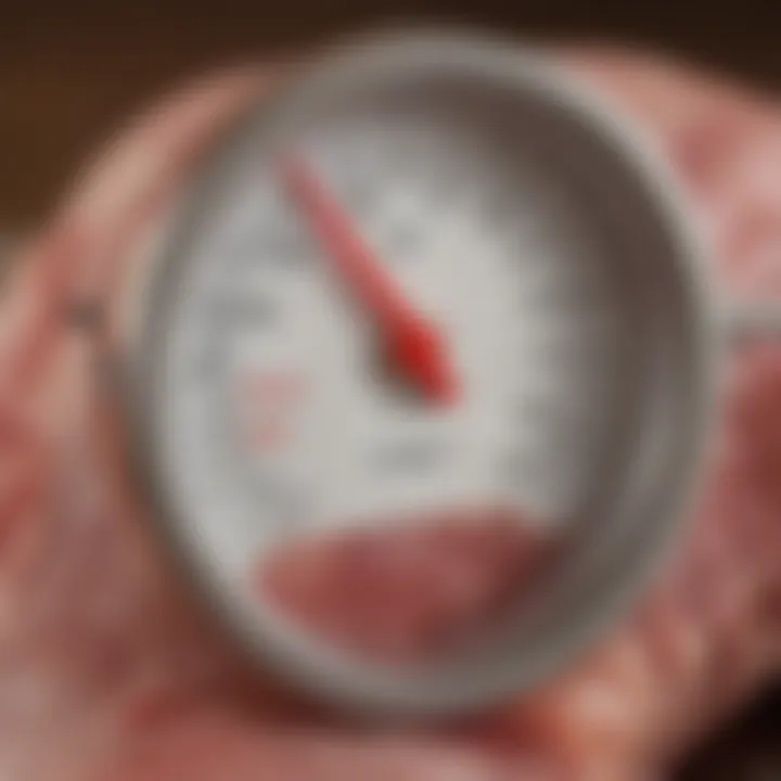 Close-up of a meat thermometer inserted into pork loin.