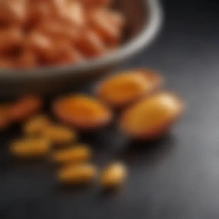 Close-up of turmeric capsules alongside fresh turmeric, emphasizing health benefits