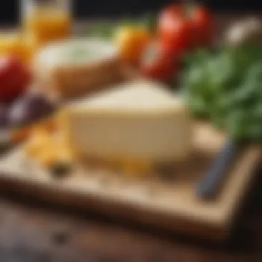 Cheese Pairing with Fresh Ingredients Cheese being paired with fresh ingredients such as herbs and vegetables.