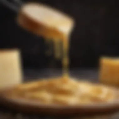 Creamy Melted Cheese Close-Up Close-up of cheese being melted with a rich, creamy texture.